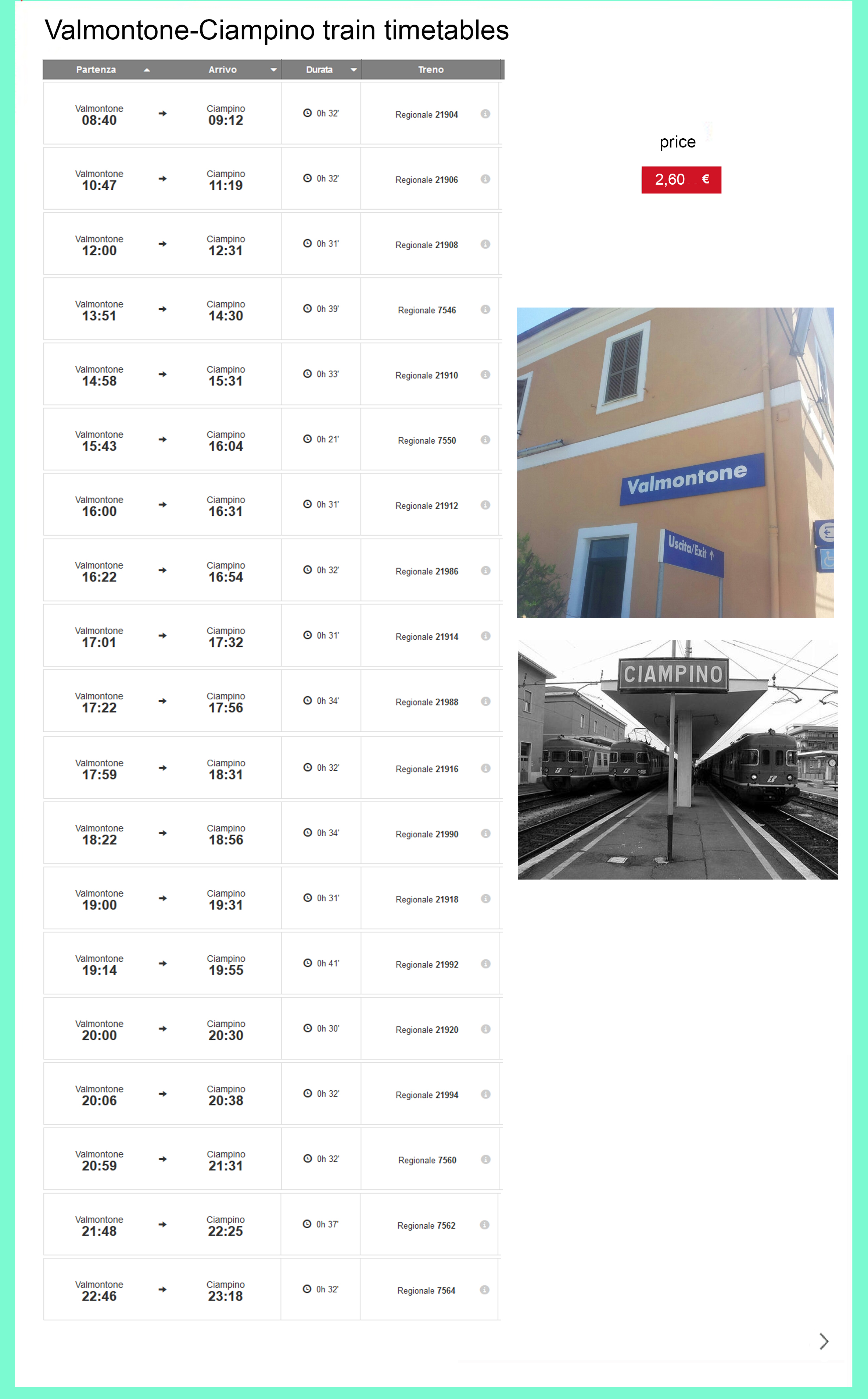 Timetable  Valmontone - Ciampino Airport  